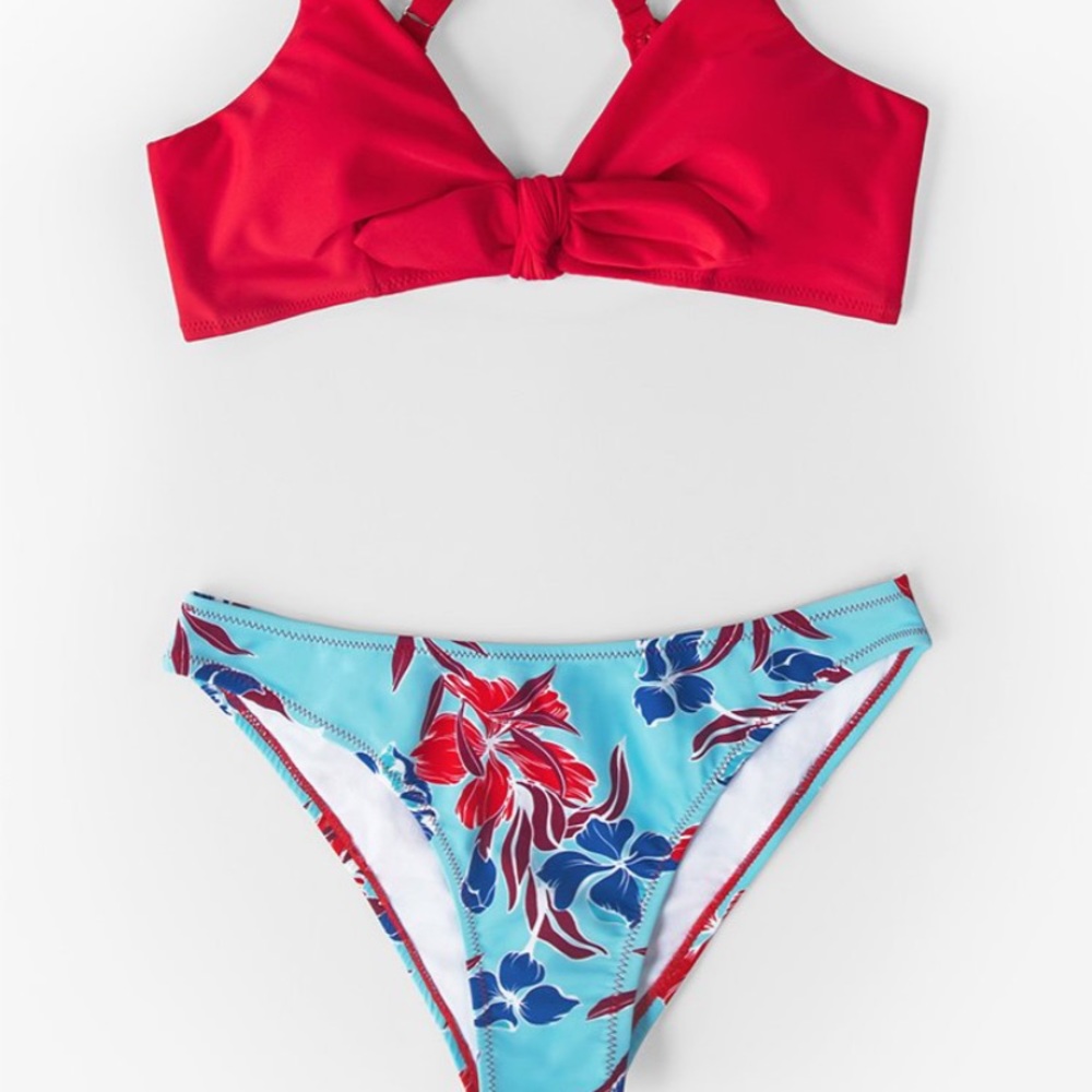 Red and floral print low waisted bikini